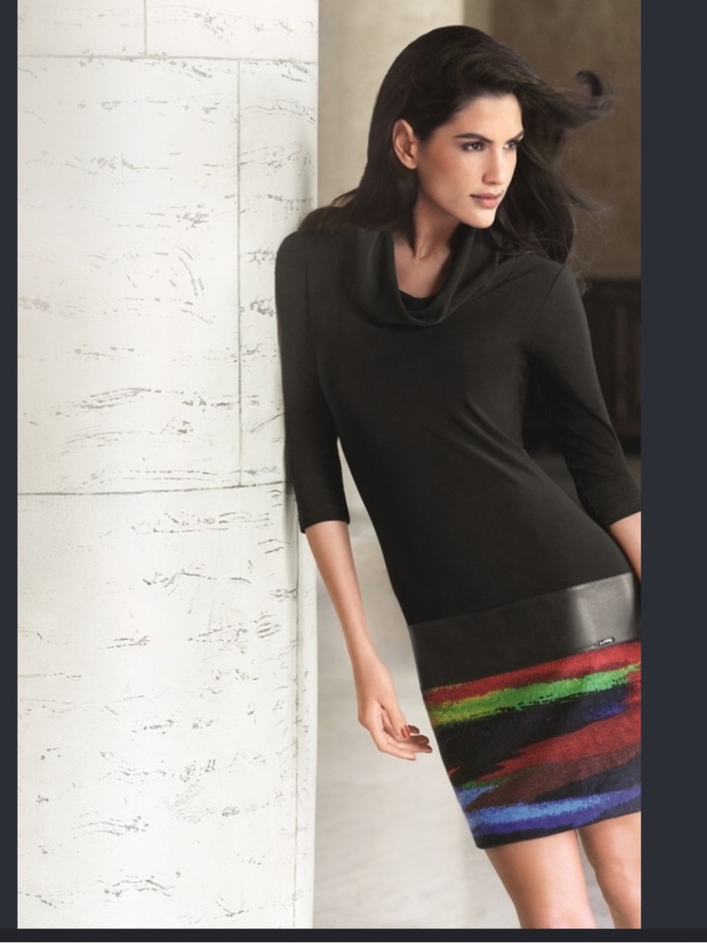 Joseph Ribkoff Black Cowl Neck Sweater Dress with Multicolor Stripe Hem